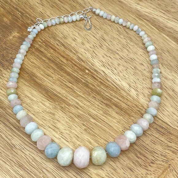 Jay King Aquamarine & Morganite Bead Necklace Pastel Graduated Facetted Rondelle - Picture 6 of 16